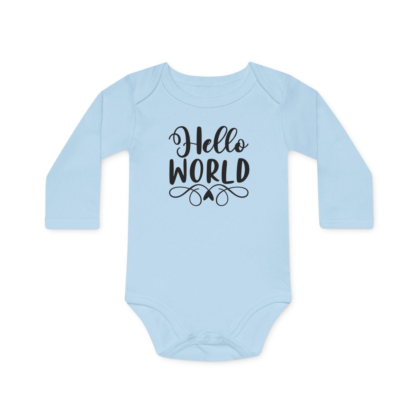 Langarm Baby und Kinder Bio Body mit Spruch "Hello World" - Unisex Bodysuit mit Aufdruck für Neugeborene und Kleinkinder - 100% Bio Baumwolle, 200 g/m², bis 18 Monate bzw. 86cm - Dusty Blue