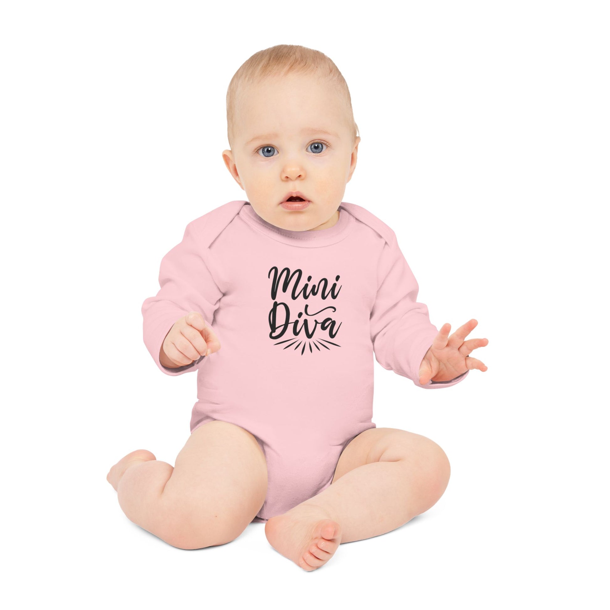 Langarm Baby und Kinder Bio Body mit Spruch "Mini Diva" - Unisex Bodysuit mit Aufdruck für Neugeborene und Kleinkinder - 100% Bio Baumwolle, 200 g/m², bis 18 Monate bzw. 86cm - mehrere Farben und Größen -