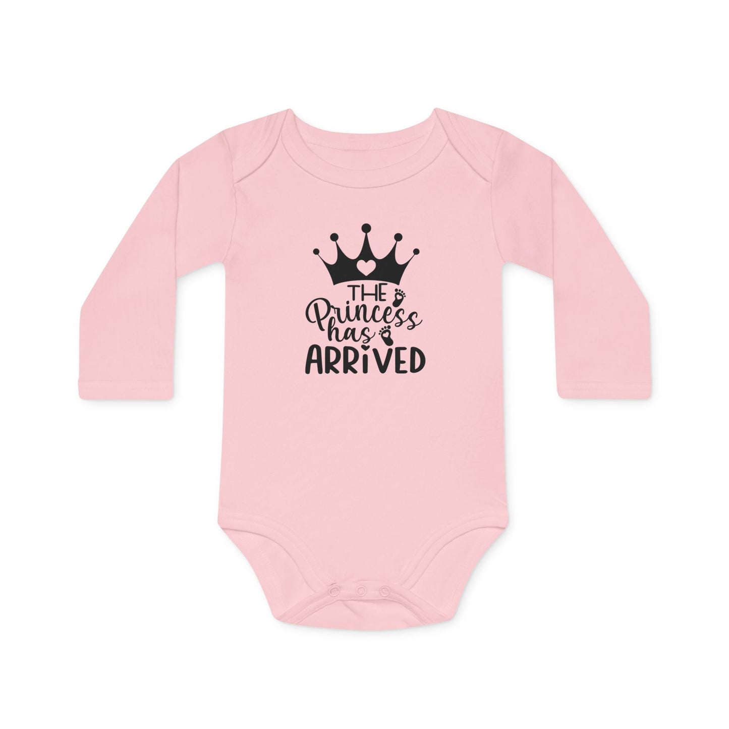 Langarm Baby und Kinder Bio Body mit Spruch "The Princess has arrived" - Unisex Bodysuit mit Aufdruck für Neugeborene und Kleinkinder - 100% Bio Baumwolle, 200 g/m², bis 18 Monate bzw. 86cm - mehrere Farben und Größen - Powder Pink