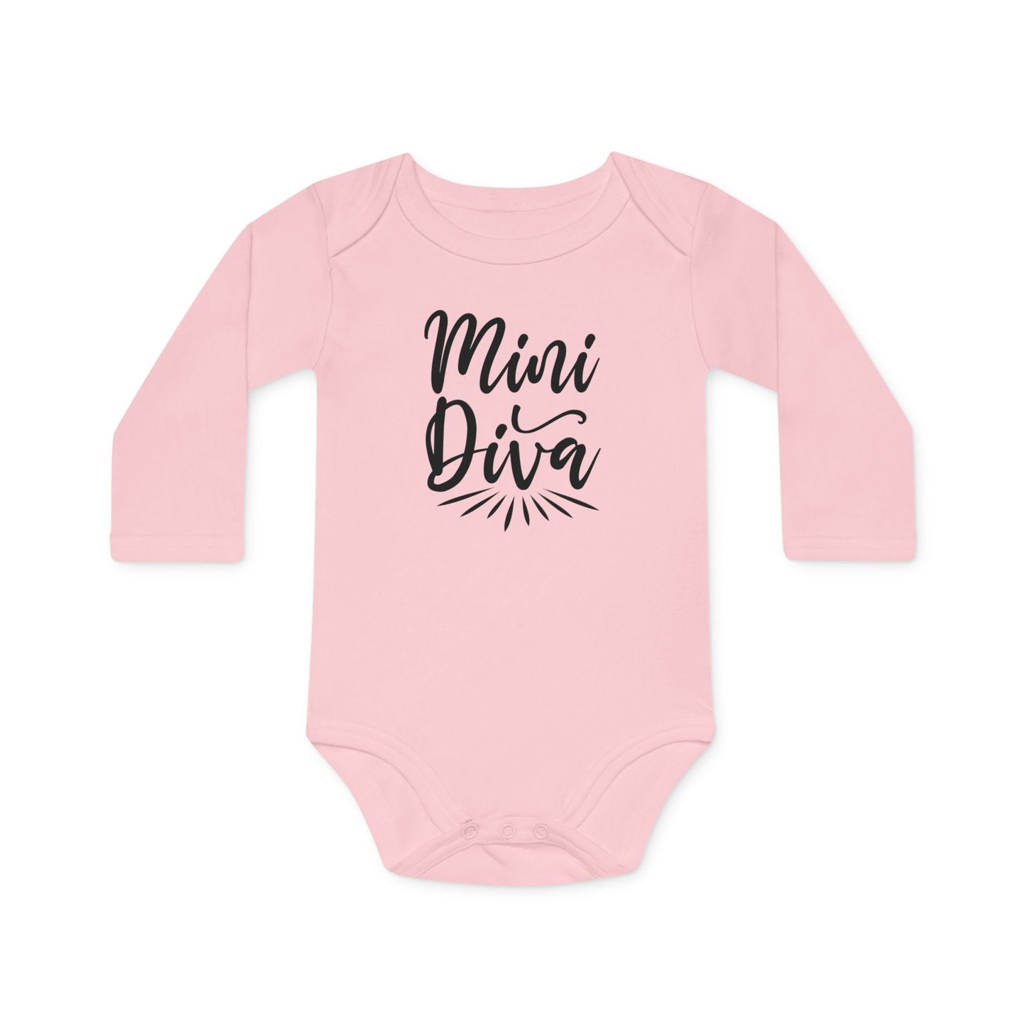 Langarm Baby und Kinder Bio Body mit Spruch "Mini Diva" - Unisex Bodysuit mit Aufdruck für Neugeborene und Kleinkinder - 100% Bio Baumwolle, 200 g/m², bis 18 Monate bzw. 86cm - mehrere Farben und Größen - Powder Pink