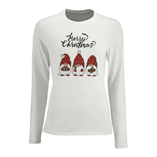 Tailliertes Damen Langarm-T-Shirt mit süßem Wichtel Print für Weihnachten - drei Gnome und Merry Christmas - viele Farben und Größen - Weiß