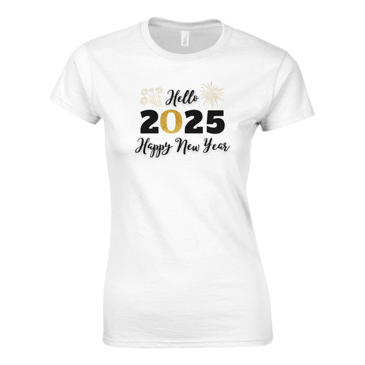 Tailliertes Damen Kurzarm T-Shirt mit Print für den Jahreswechsel – Hello 2025 Happy New Year - in großen Größen -