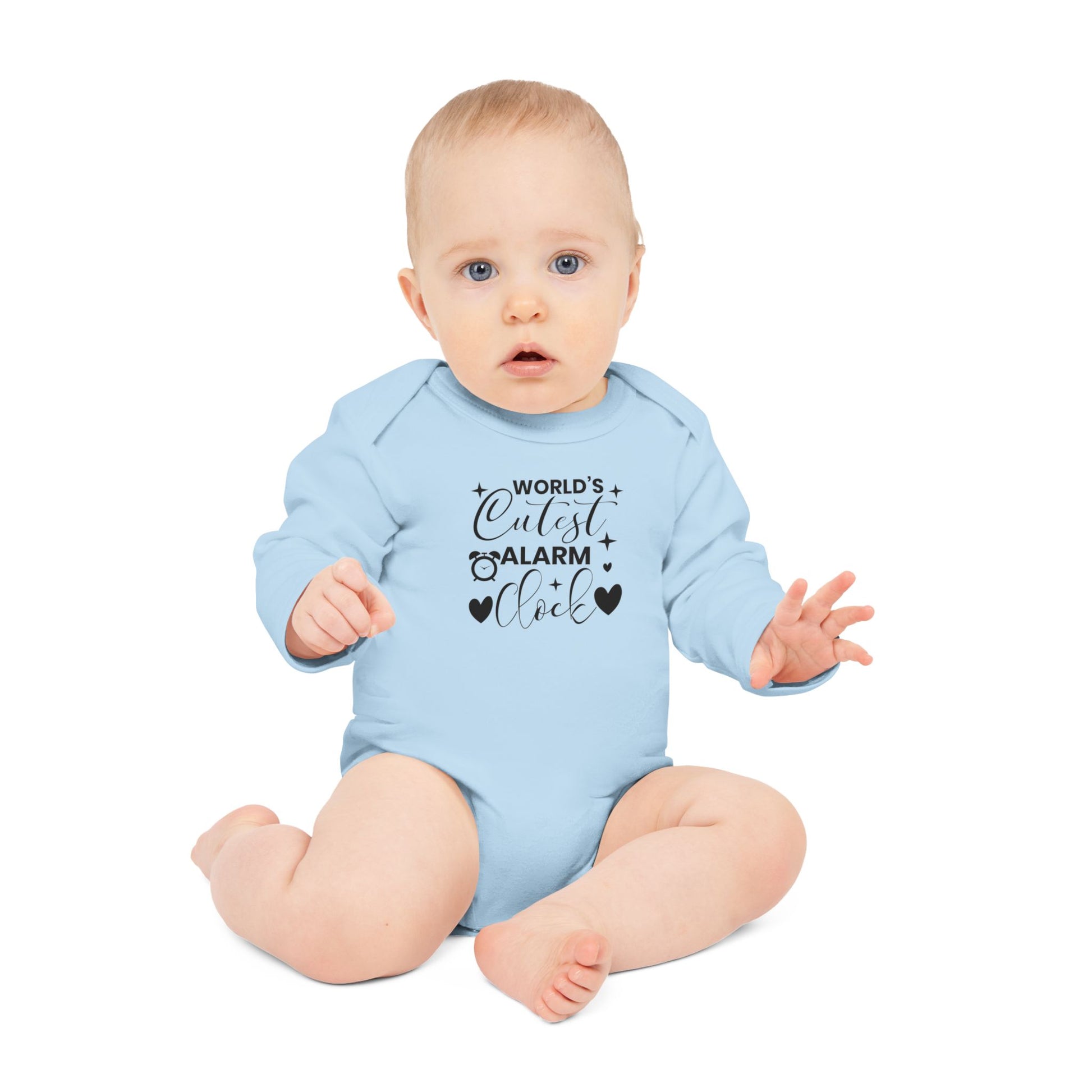 Langarm Baby und Kinder Bio Body mit Spruch mit Wecker - Unisex Bodysuit mit Aufdruck für Neugeborene und Kleinkinder - 100% Bio Baumwolle, 200 g/m², bis 18 Monate bzw. 86cm -