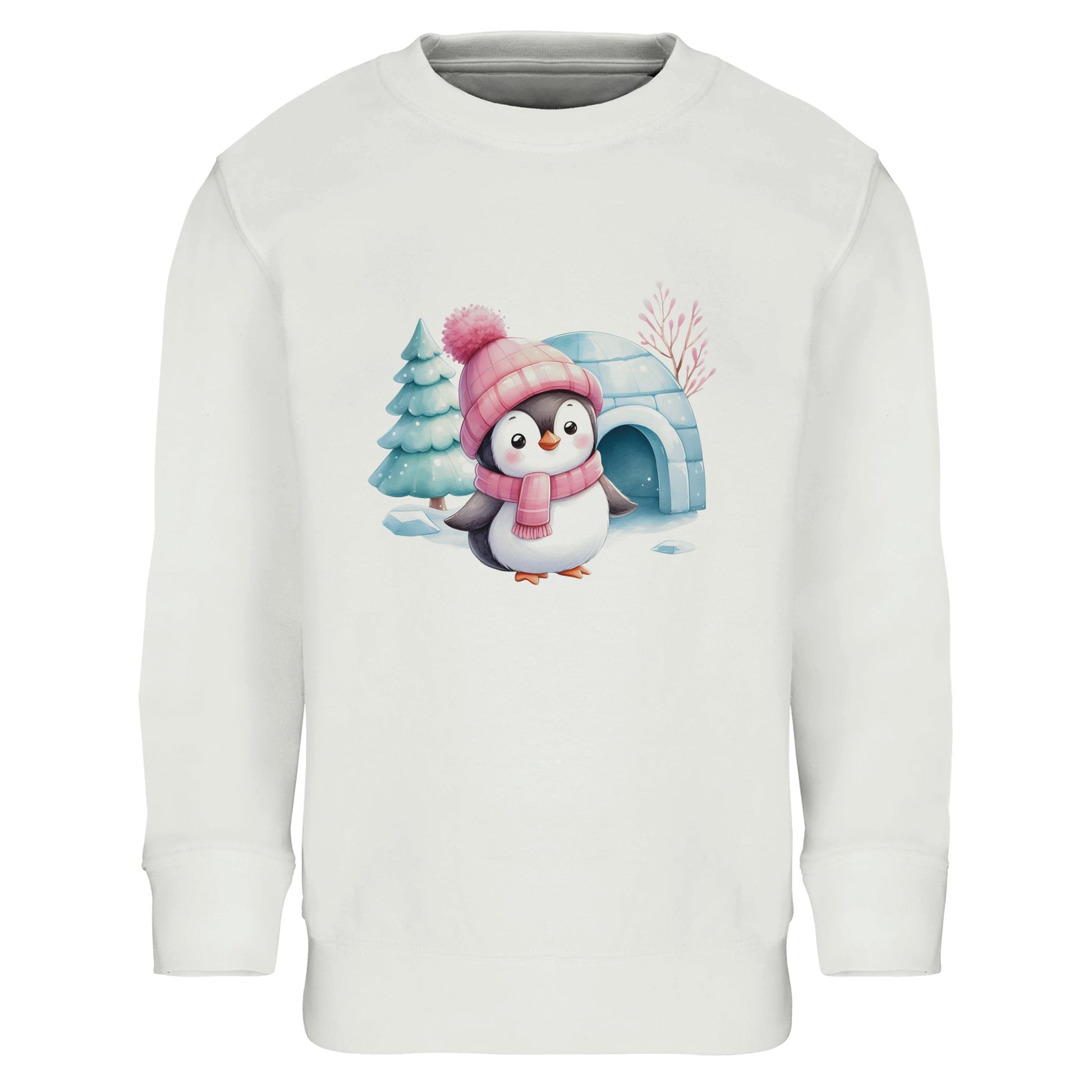 Kinder Sweatshirt mit Pinguin vor Iglu - hübscher Mädchen Print für Weihnachten und Winter - 4 bis 14 Jahre – in vielen Farben und Größen - Weiß