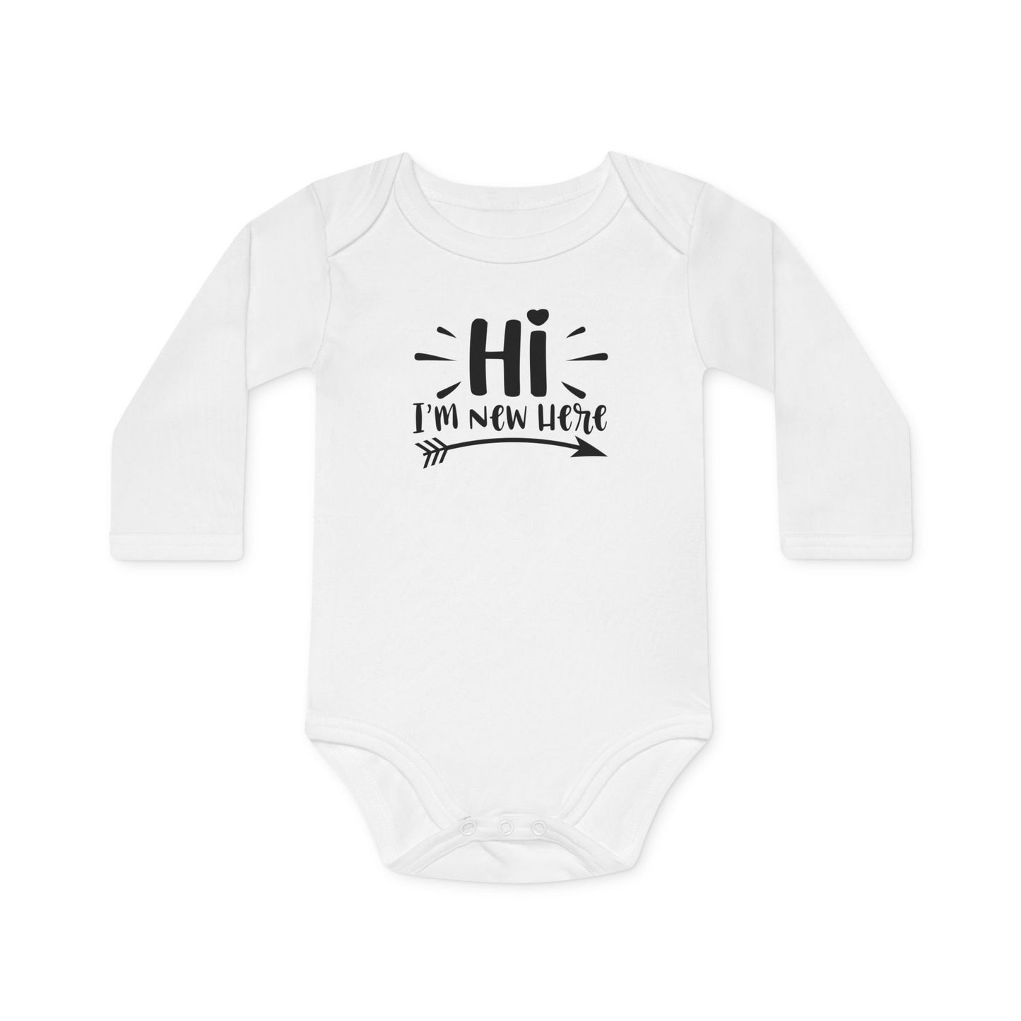 Langarm Baby und Kinder Bio Body mit Spruch "Hi - I´m new here" - Unisex Bodysuit mit Aufdruck für Neugeborene und Kleinkinder - 100% Bio Baumwolle, 200 g/m², bis 18 Monate bzw. 86cm - White