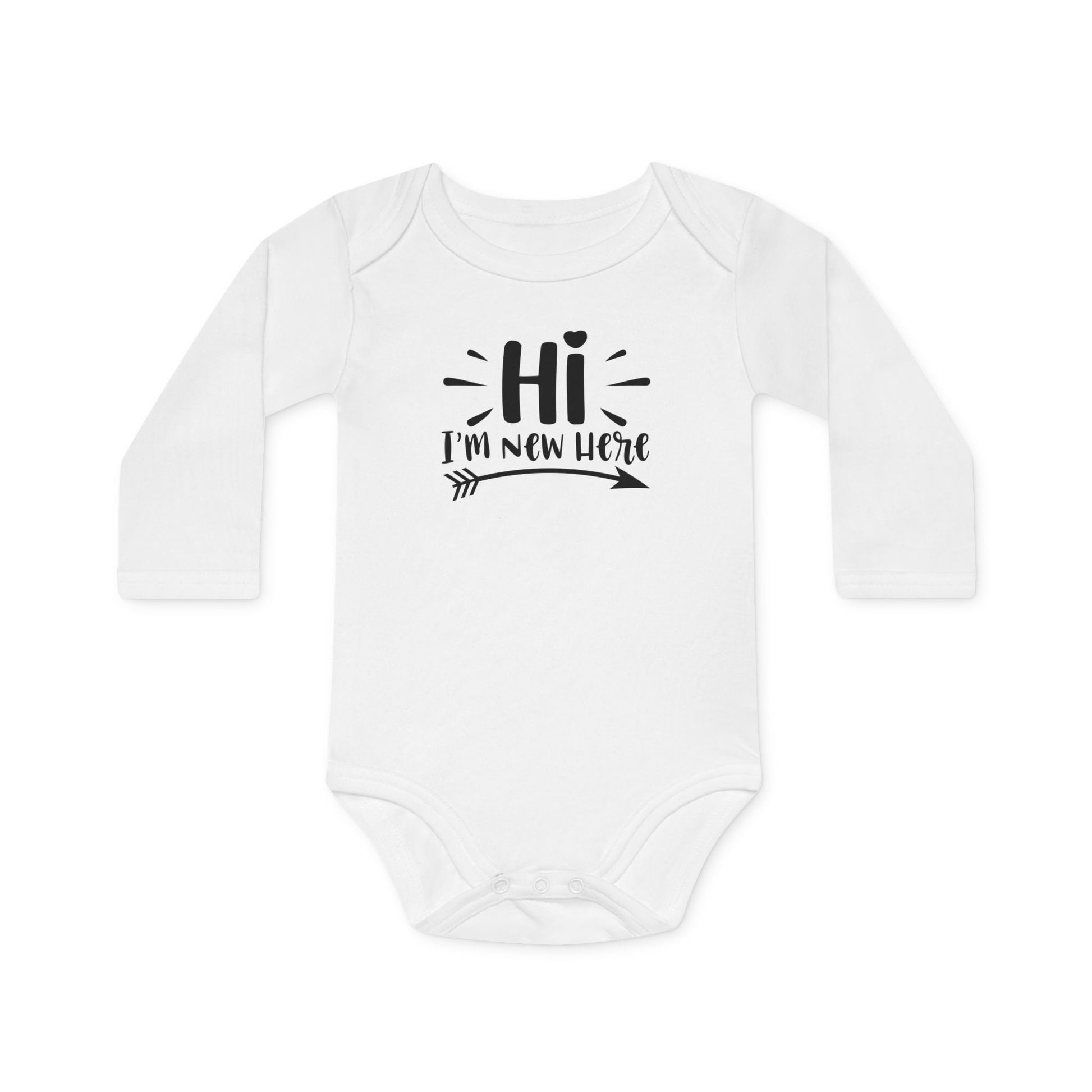 Langarm Baby und Kinder Bio Body mit Spruch "Hi - I´m new here" - Unisex Bodysuit mit Aufdruck für Neugeborene und Kleinkinder - 100% Bio Baumwolle, 200 g/m², bis 18 Monate bzw. 86cm - White