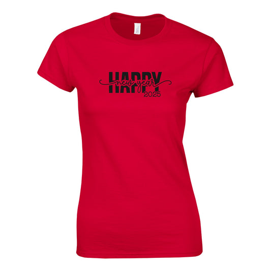 Tailliertes Damen Kurzarm T-Shirt mit Print für den Jahreswechsel – Happy New Year 2025 in schwarz - in vielen Farben und großen Größen - Rot