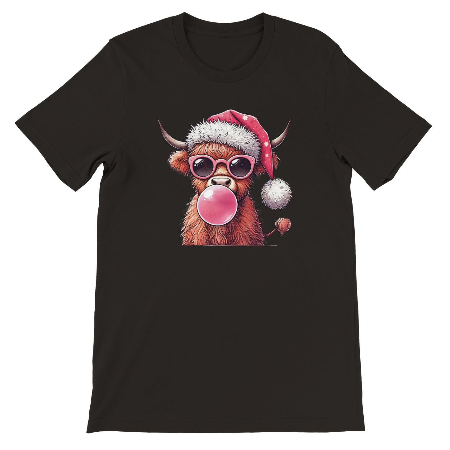 Unisex Kurzarm T-Shirt mit Yak - Büffel Print mit Santa Claus Mütze und Kaugummi zu Weihnachten und Winter - leicht tailliert – viele Farben und große Größen für Damen und Herren -