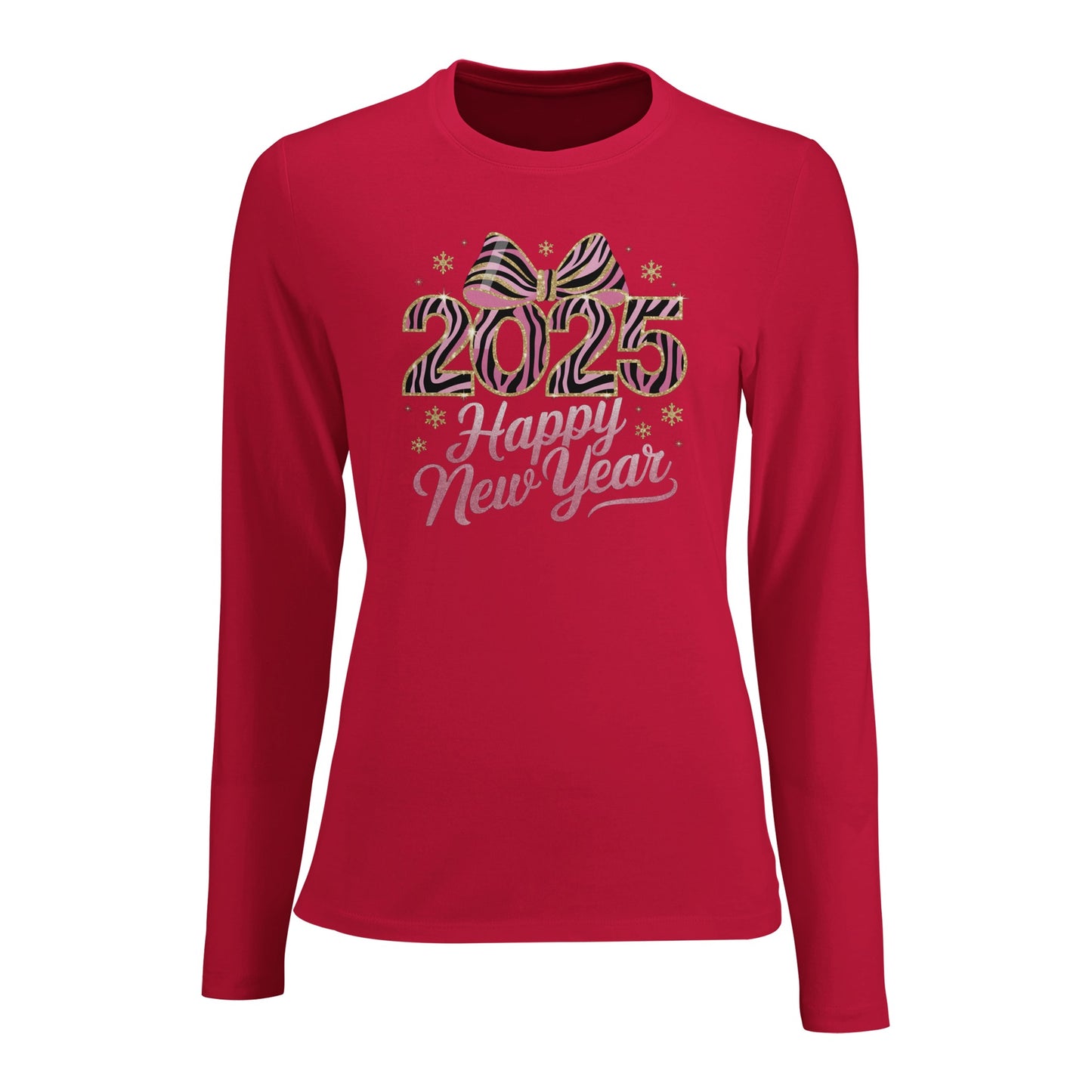 Tailliertes Damen Langarm T-Shirt mit Spruch für Jahreswechsel bzw. Silvester Print - 2025 Happy New Year mit Masche - mehrere Farben und große Größen - Rot