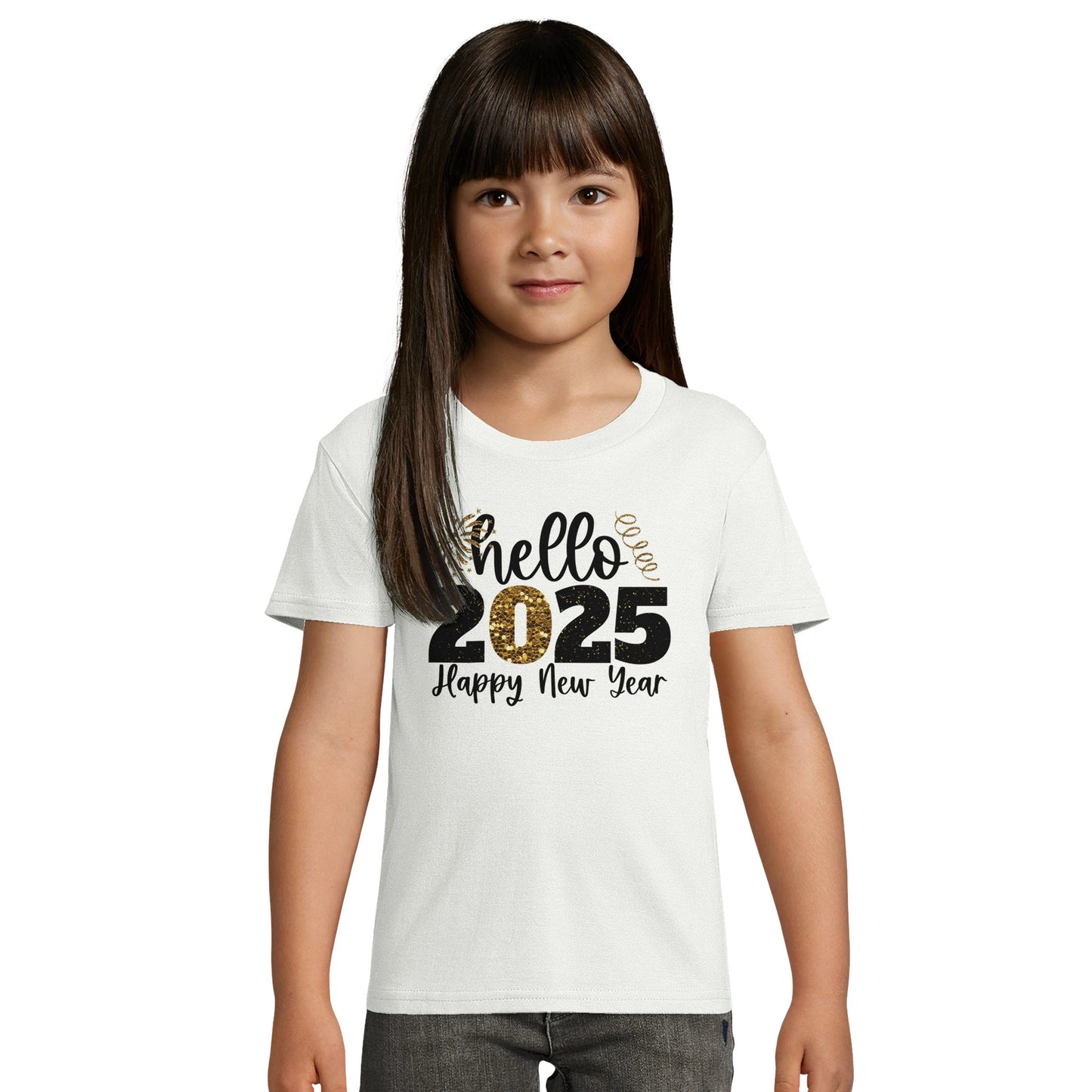 Kinder BIO Kurzarm Rundhals-T-Shirt mit Print für den Jahreswechsel bzw. Silvester - hello 2025 Happy New Year - gold schwarz weiß - körperbetonter Schnitt - Größe 86 bis 152 und mehrere Farben -