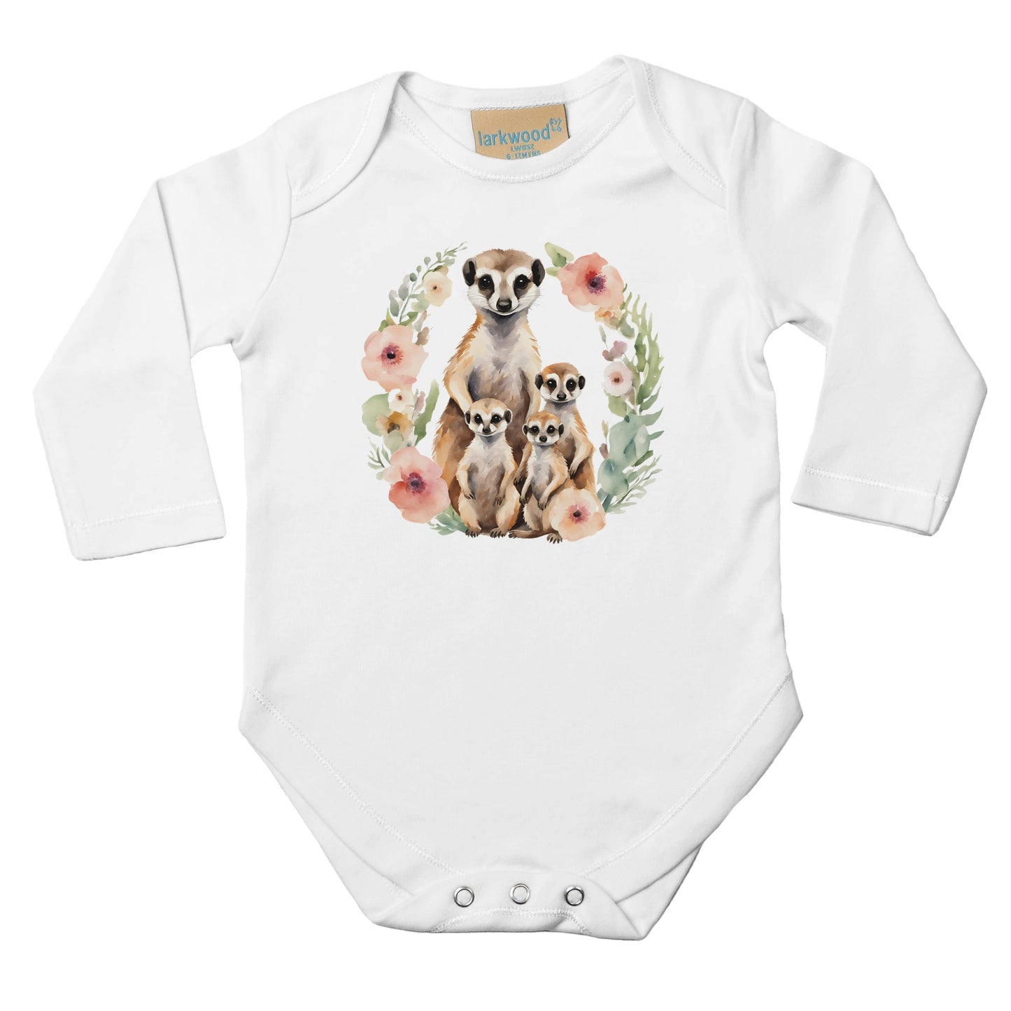 Unisex Baby Langarm Body mit Aufdruck - Erdmännchen Mama und Babys mit Blumen - 100% Baumwolle - Größe bis 18 Monate bzw. 86 - Strampler Body mit Aufdruck -