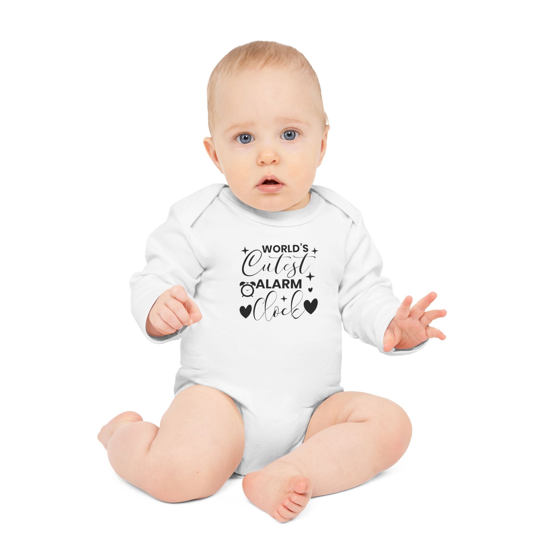 Langarm Baby und Kinder Bio Body mit Spruch mit Wecker - Unisex Bodysuit mit Aufdruck für Neugeborene und Kleinkinder - 100% Bio Baumwolle, 200 g/m², bis 18 Monate bzw. 86cm -