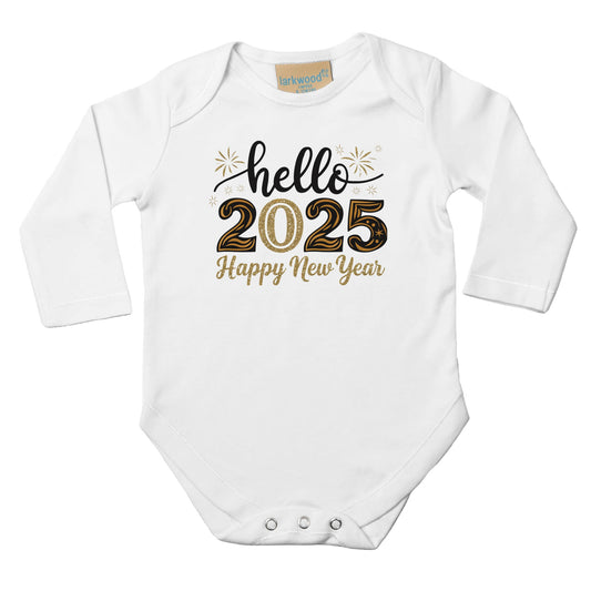 Unisex Baby Langarm Body mit Leo Aufdruck - hello 2025 Happy New Year - schwarz gold weiß - 100% Baumwolle - Größe bis 18 Monate bzw. 86 - Strampler Body mit Aufdruck -