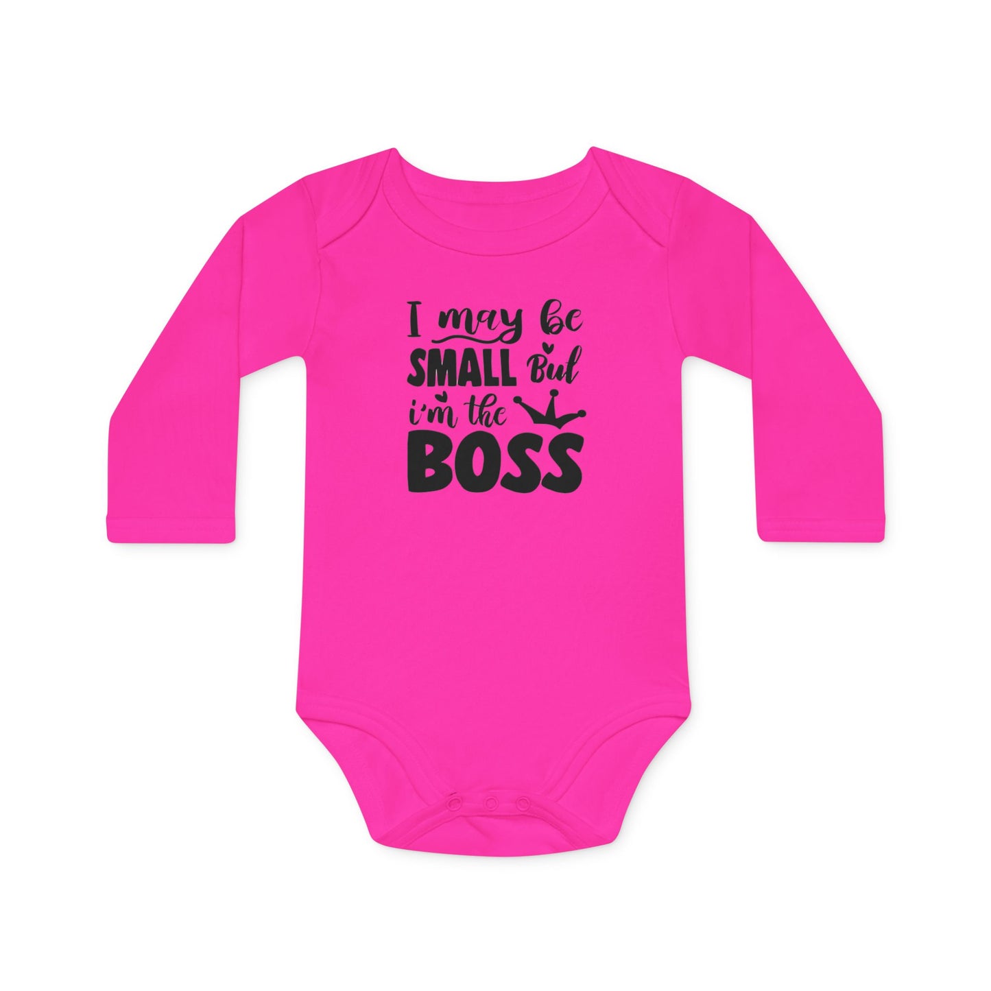 Langarm Baby und Kinder Bio Body mit Spruch "I may be small, but I´m the boss" - Unisex Bodysuit mit Aufdruck für Neugeborene und Kleinkinder - 100% Bio Baumwolle, 200 g/m², bis 18 Monate bzw. 86cm - Fuchsia