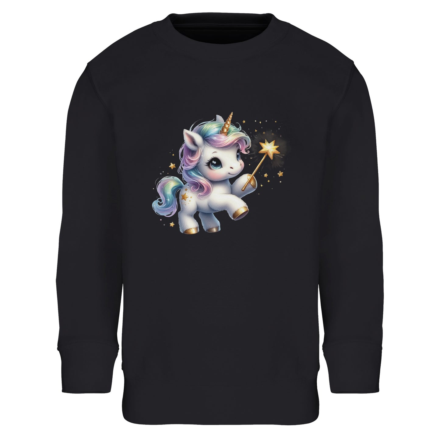 Kinder Sweatshirt mit Einhorn Mädchen mit Sternspritzer - Unicorn Aufdruck für Weihnachten und Winter - 4 bis 14 Jahre - viele verschiedene Farben - Schwarz