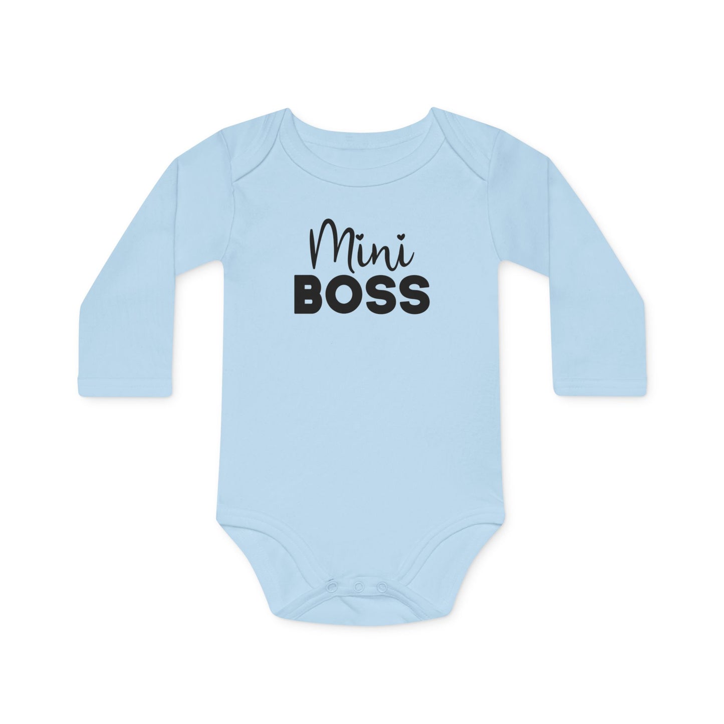 Langarm Baby und Kinder Bio Body mit Spruch "Mini Boss" - Unisex Bodysuit mit Aufdruck für Neugeborene und Kleinkinder - 100% Bio Baumwolle, 200 g/m², bis 18 Monate bzw. 86cm - mehrere Farben und Größen - Dusty Blue