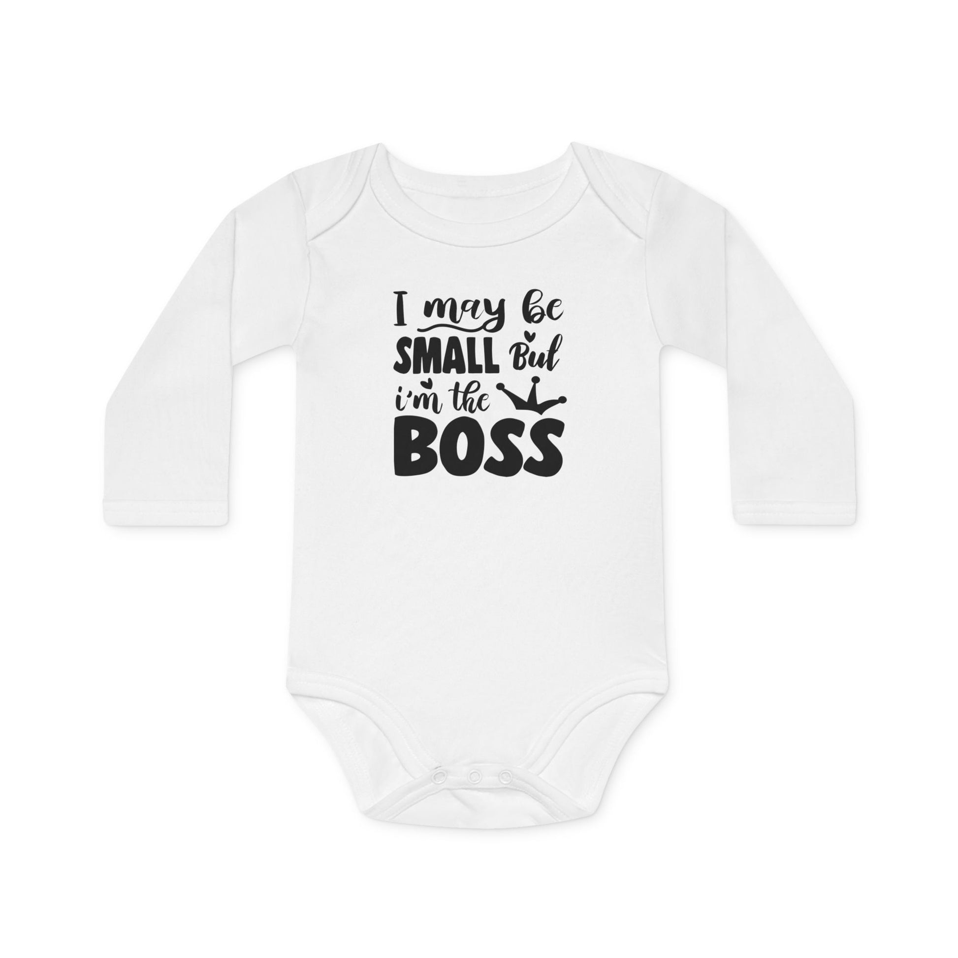 Langarm Baby und Kinder Bio Body mit Spruch "I may be small, but I´m the boss" - Unisex Bodysuit mit Aufdruck für Neugeborene und Kleinkinder - 100% Bio Baumwolle, 200 g/m², bis 18 Monate bzw. 86cm - White