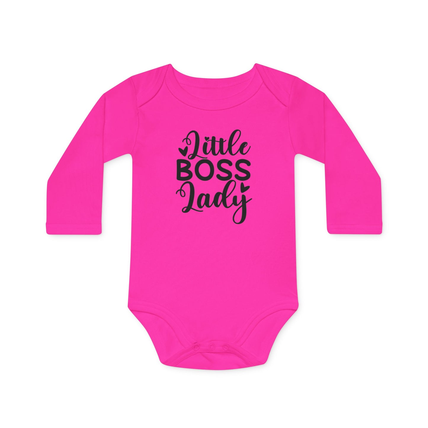 Langarm Baby und Kinder Bio Body mit Spruch "Little Boss Lady" - Unisex Bodysuit mit Aufdruck für Neugeborene und Kleinkinder - 100% Bio Baumwolle, 200 g/m², bis 18 Monate bzw. 86cm - Fuchsia