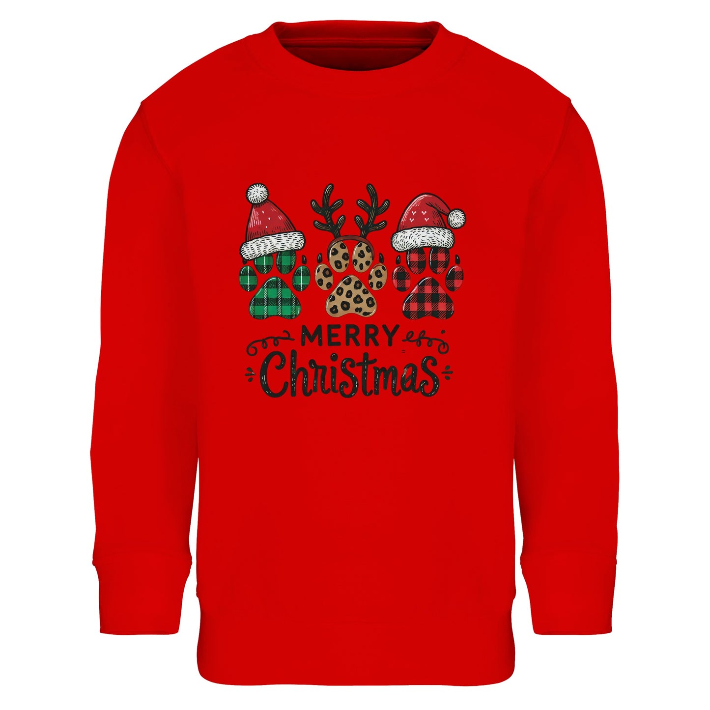 Unisex Kinder Sweatshirt mit weihnachtlichen Hundepfoten und Merry Christmas - hübscher Print für Weihnachten und Winter - 4 bis 14 Jahre – in vielen Farben und Größen - Bright Red