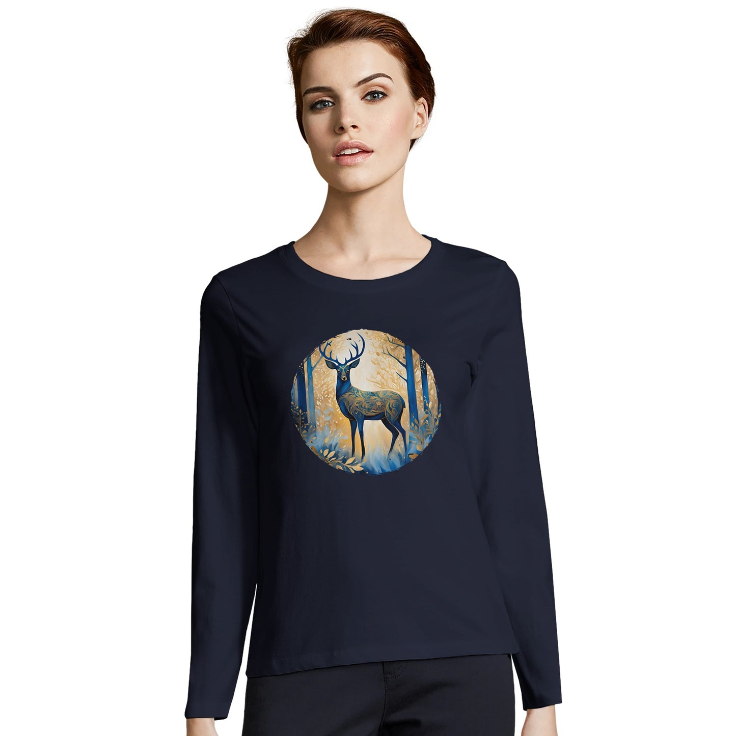 Tailliertes Damen Langarm-T-Shirt mit Hirsch als elegantem Aufdruck - blau weiß gold -