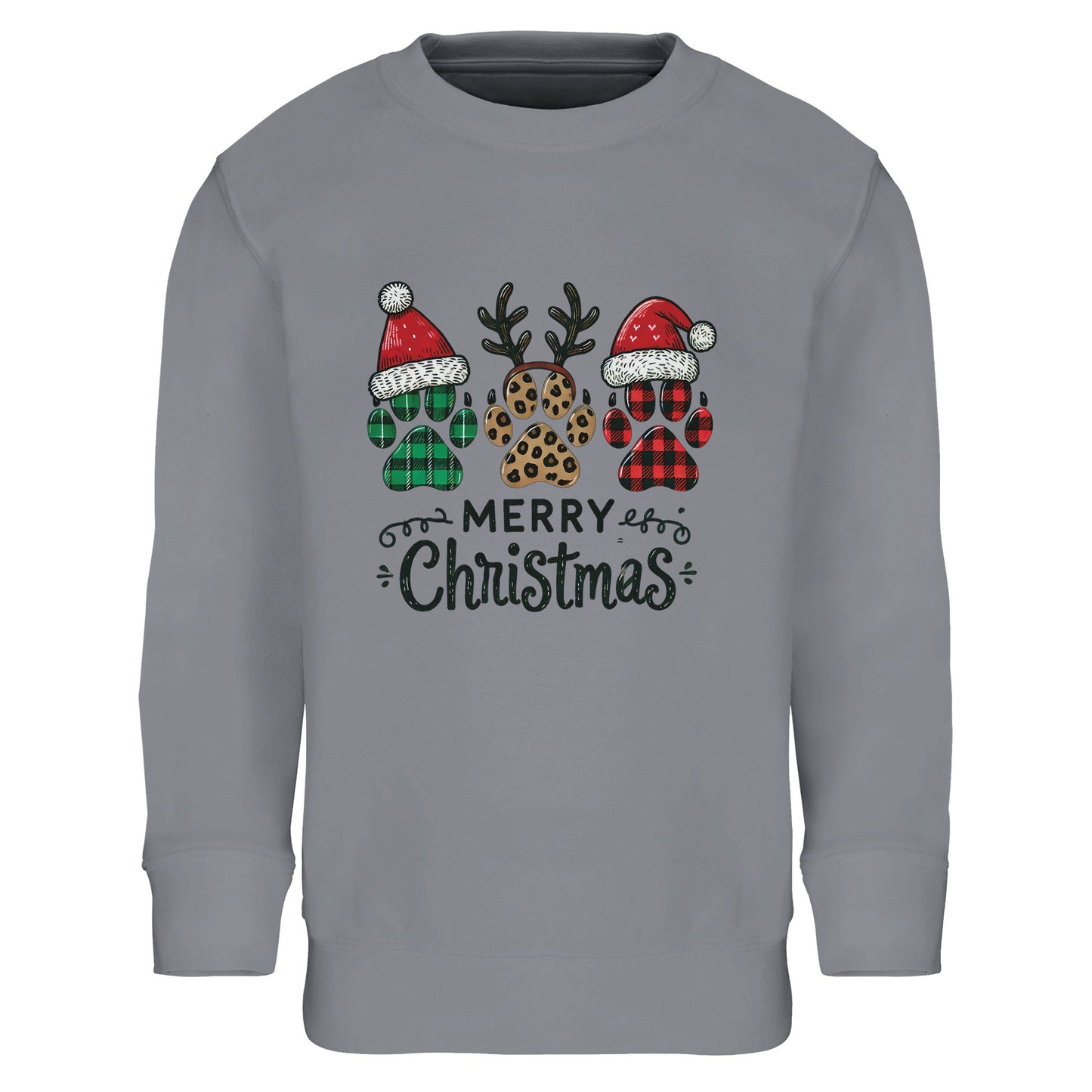 Unisex Kinder Sweatshirt mit weihnachtlichen Hundepfoten und Merry Christmas - hübscher Print für Weihnachten und Winter - 4 bis 14 Jahre – in vielen Farben und Größen - Grey Melange