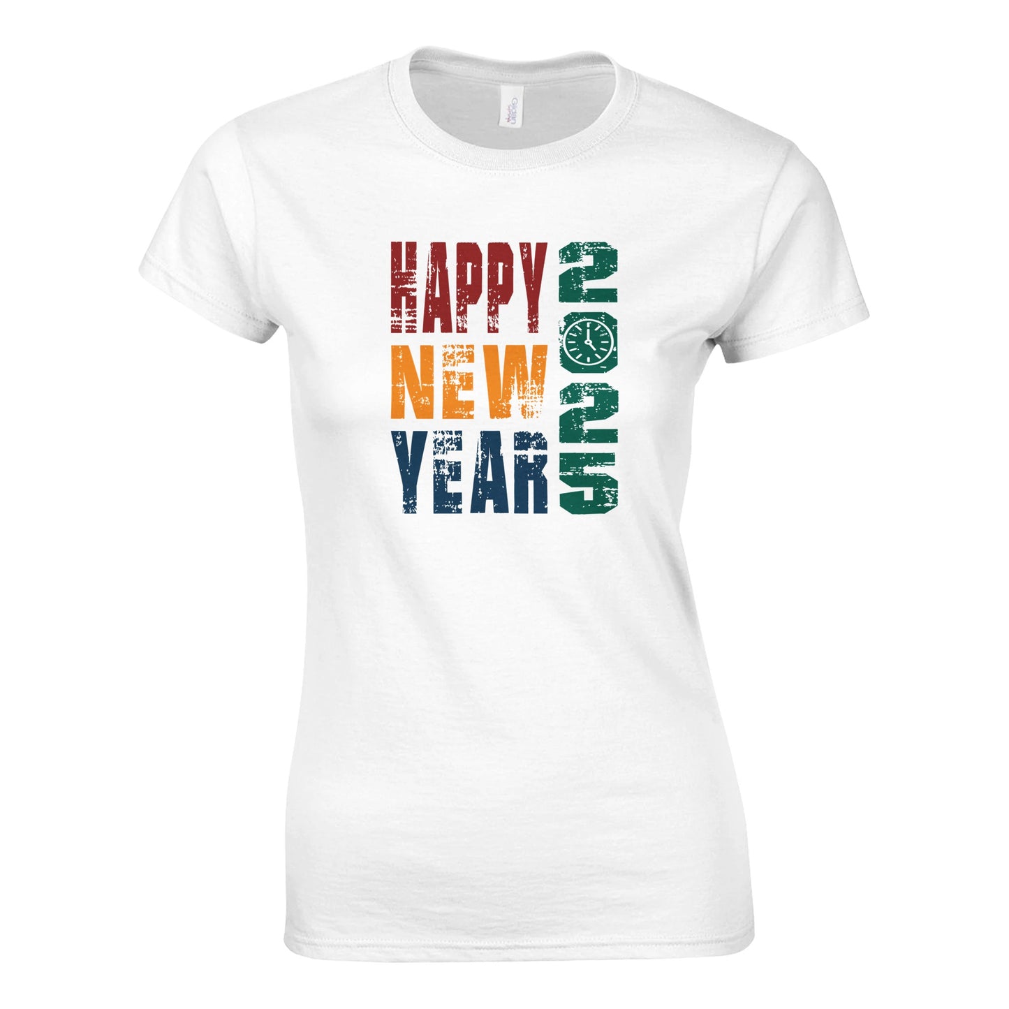 Tailliertes Damen Kurzarm T-Shirt mit kräftigem Print für den Jahreswechsel - Happy New Year 2025 - viele Farben und große Größen - Weiß