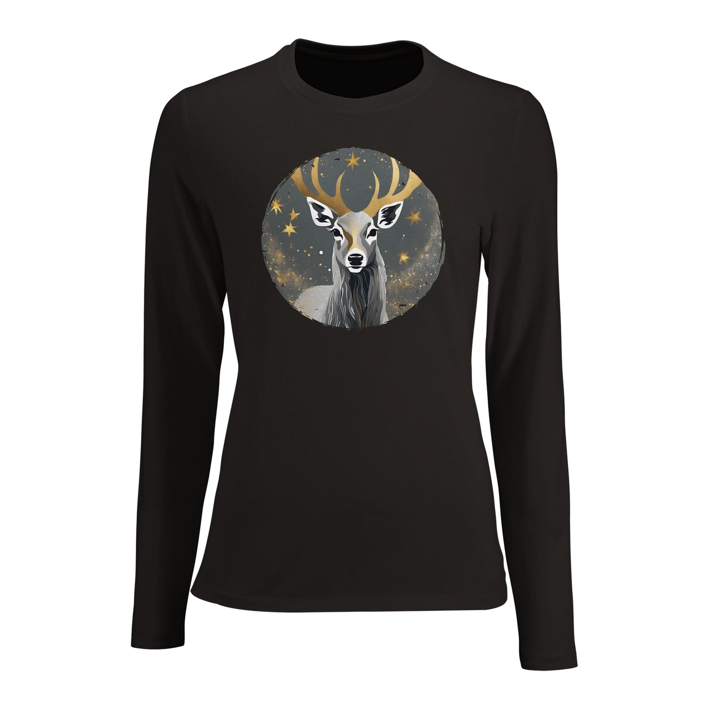 Tailliertes Damen Langarm-T-Shirt mit Hirsch als elegantem Aufdruck - grau weiß gold schwarz - Deep Black