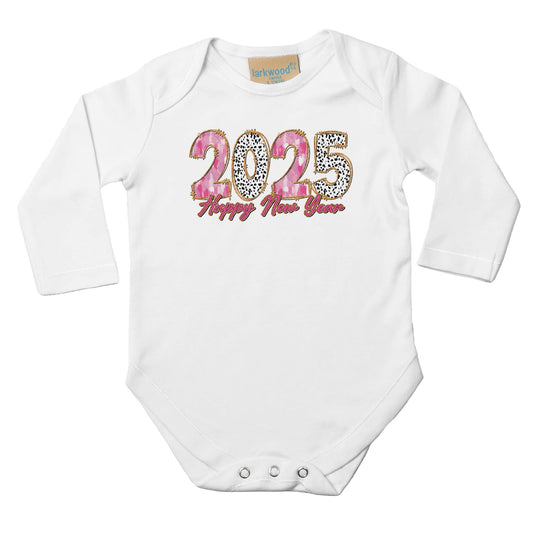 Mädchen Baby Langarm Body mit Aufdruck - 2025 Happy New Year - pink gold rosa - 100% Baumwolle - Größe bis 18 Monate bzw. 86 - Strampler Body mit Aufdruck - Weiß