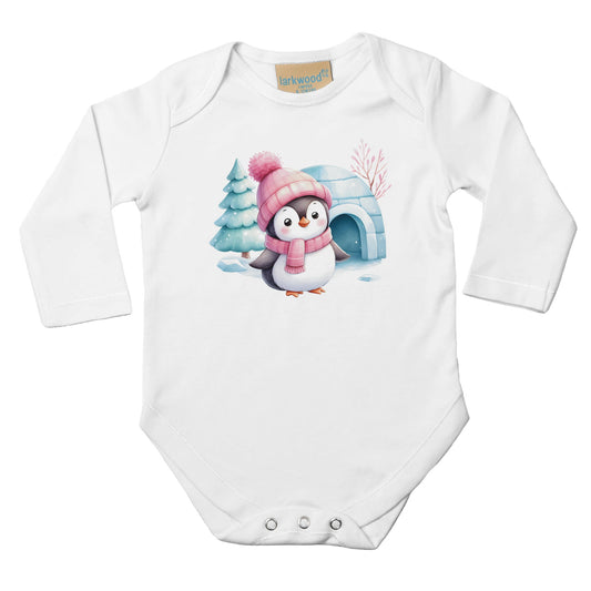 Baby Langarm Body mit pastell Mädchen Aufdruck mit Pinguin vor Iglu im Schnee - für Weihnachten und Winter - 100% Baumwolle - Größe bis 18 Monate bzw. 86 - Strampler Body mit Muster -