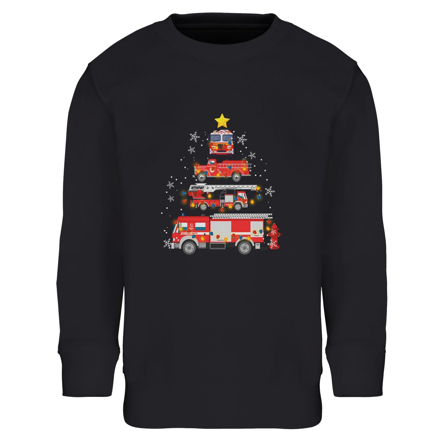 Kinder Sweatshirt mit Feuerwehr Fahrzeuge und Sterne - Jungen Aufdruck für Weihnachten und Winter - 4 bis 14 Jahre - viele verschiedene Farben - Schwarz