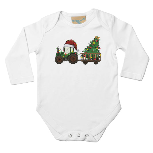 Unisex Baby Langarm Body mit Jungen Aufdruck Traktor mit Christbaum - für Weihnachten und Winter - 100% Baumwolle - Größe bis 18 Monate bzw. 86 - Strampler Body mit Muster -