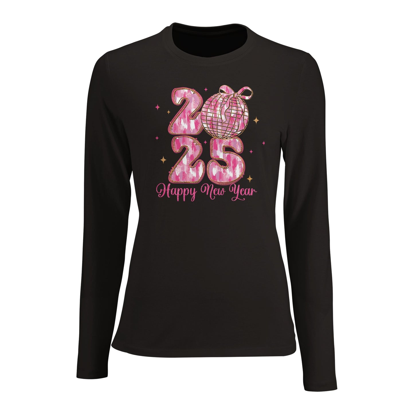 Tailliertes Damen Langarm T-Shirt mit Spruch für Jahreswechsel bzw. Silvester Print - 2025 Happy New Year - mehrere Farben und große Größen - Deep Black