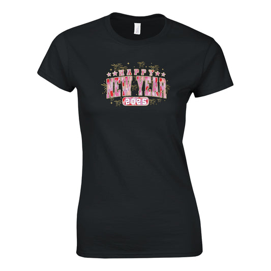 Tailliertes Damen Kurzarm T-Shirt mit Print für den Jahreswechsel – Happy New Year 2025 Feuerwerk – pink schwarz weiß - auch in großen Größen - Schwarz