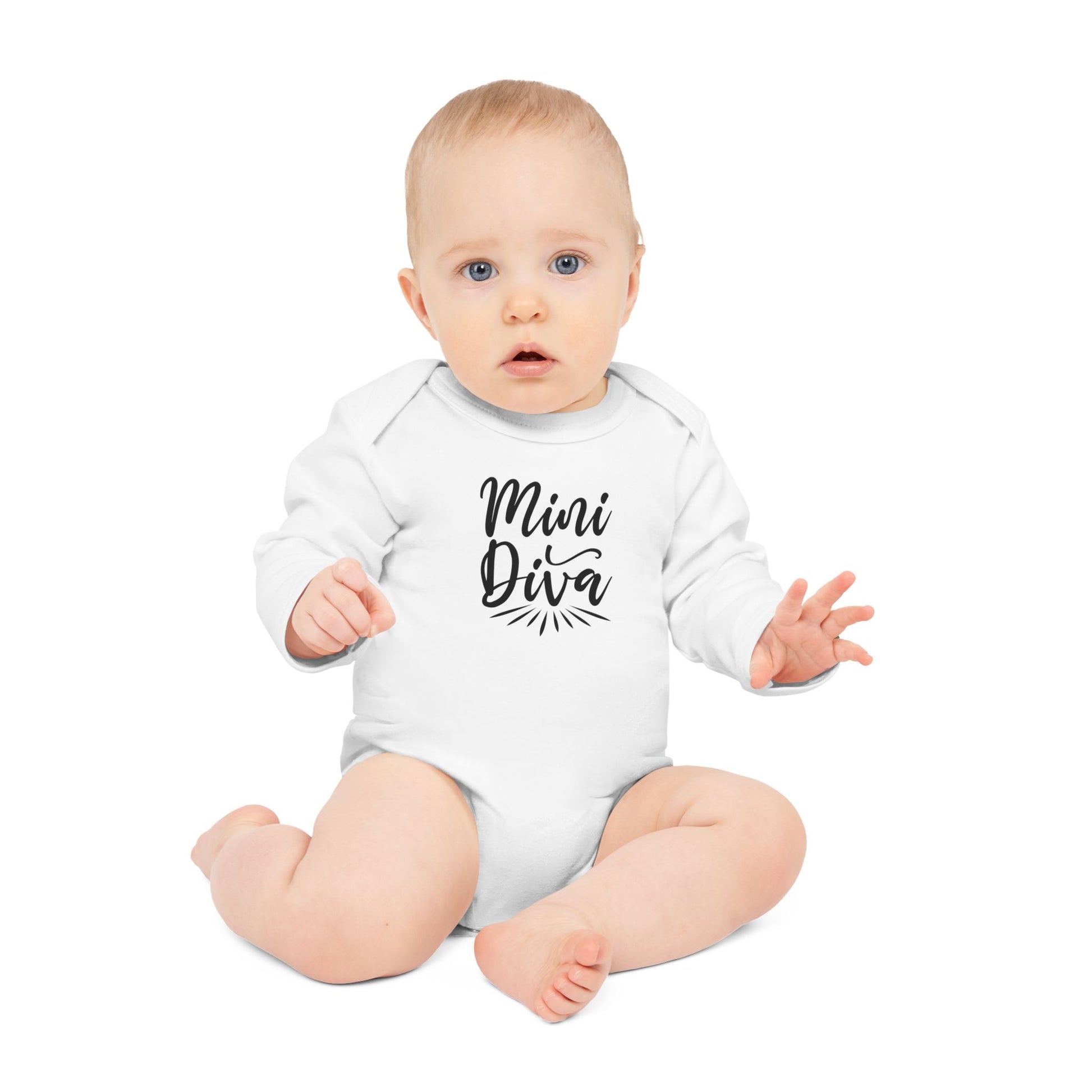 Langarm Baby und Kinder Bio Body mit Spruch "Mini Diva" - Unisex Bodysuit mit Aufdruck für Neugeborene und Kleinkinder - 100% Bio Baumwolle, 200 g/m², bis 18 Monate bzw. 86cm - mehrere Farben und Größen -