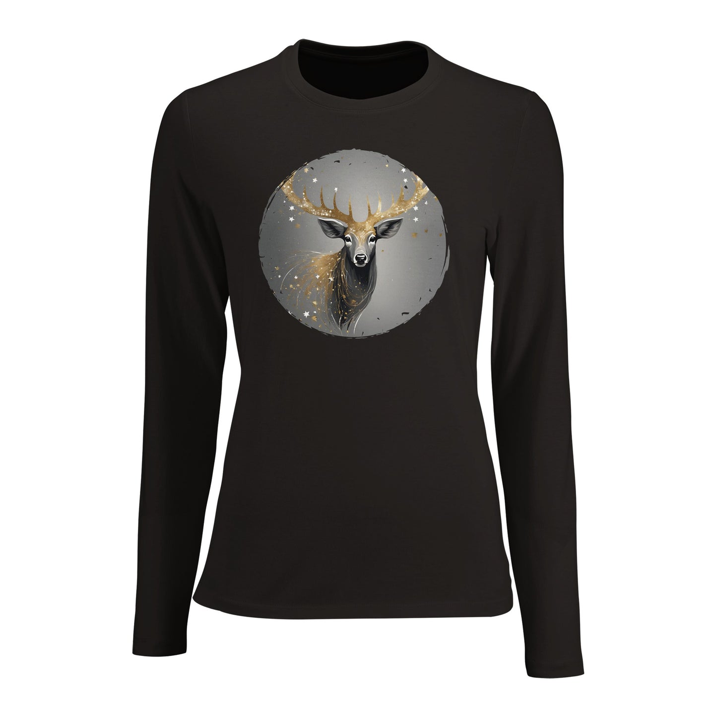 Tailliertes Damen Langarm-T-Shirt mit Hirsch als elegantem Aufdruck - grau weiß gold - Deep Black