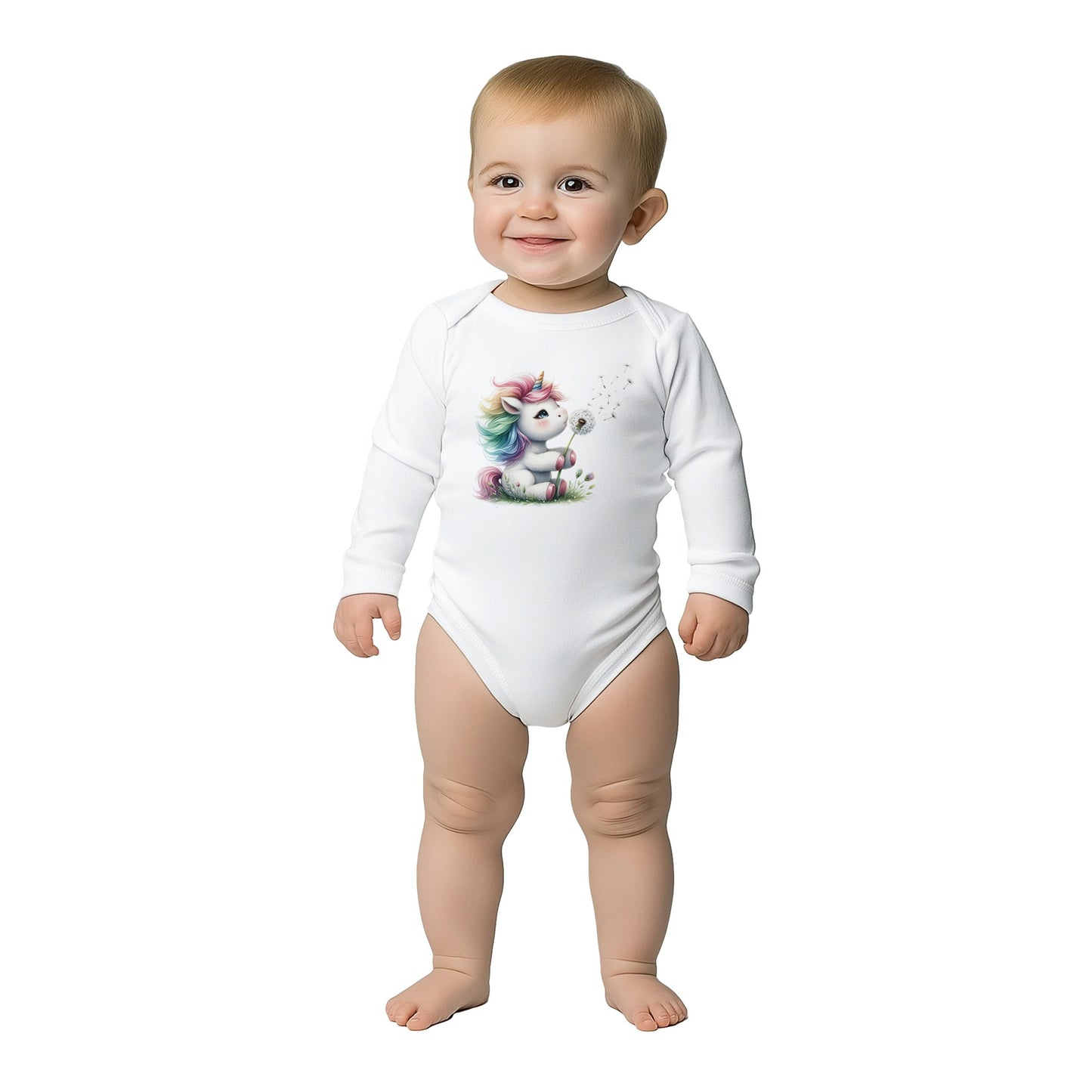 Unisex Baby Langarm Body mit Aufdruck - Einhorn Mädchen mit Pusteblume - 100% Baumwolle - Größe bis 18 Monate bzw. 86 - Strampler Body mit Aufdruck -