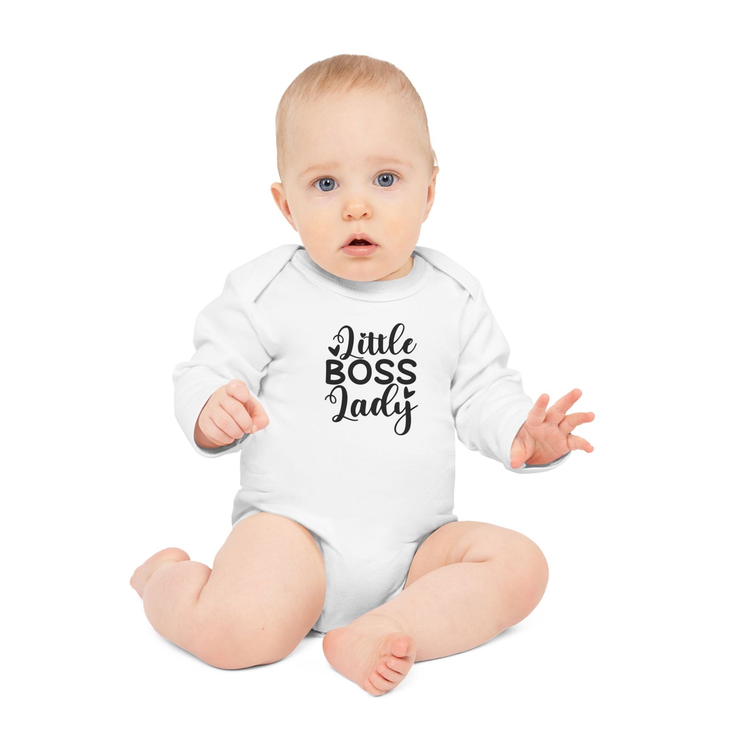 Langarm Baby und Kinder Bio Body mit Spruch "Little Boss Lady" - Unisex Bodysuit mit Aufdruck für Neugeborene und Kleinkinder - 100% Bio Baumwolle, 200 g/m², bis 18 Monate bzw. 86cm -