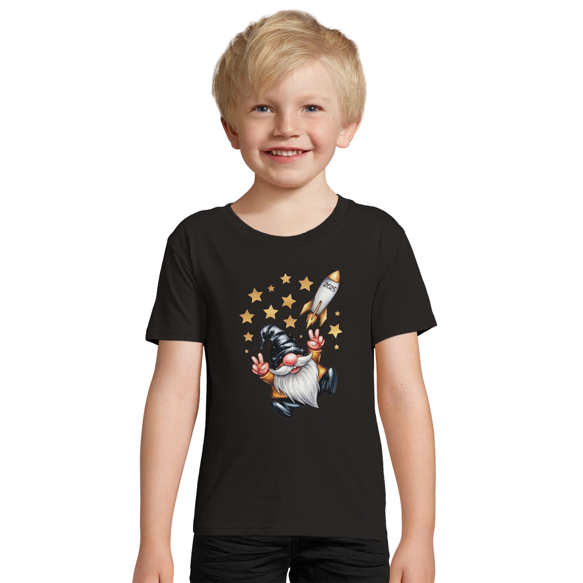 Kinder BIO Kurzarm Rundhals-T-Shirt mit Print für den Jahreswechsel bzw. Silvester - cooler Wichtel mit Rakete - körperbetonter Schnitt - Größe 86 bis 152 und mehrere Farben -