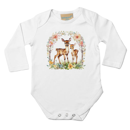 Unisex Baby Langarm Body mit Aufdruck - 2 Rehe mit Blumen - 100% Baumwolle - Größe bis 18 Monate bzw. 86 - Strampler Body mit Aufdruck -