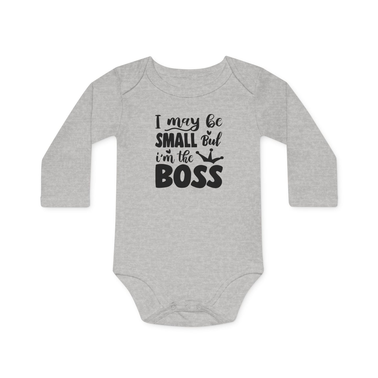 Langarm Baby und Kinder Bio Body mit Spruch "I may be small, but I´m the boss" - Unisex Bodysuit mit Aufdruck für Neugeborene und Kleinkinder - 100% Bio Baumwolle, 200 g/m², bis 18 Monate bzw. 86cm - Heather Grey Melange