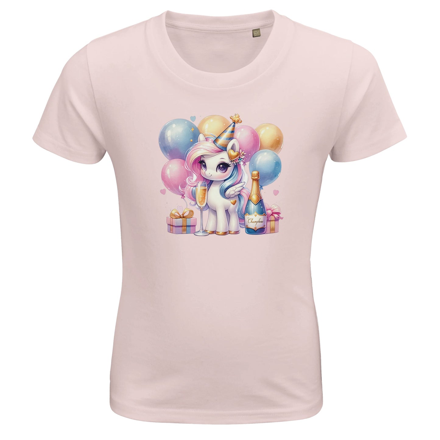 Kinder BIO Kurzarm Rundhals-T-Shirt mit Print für den Jahreswechsel bzw. Silvester - pastell Einhorn - körperbetonter Schnitt - Größe 86 bis 152 und mehrere Farben - Pale Pink