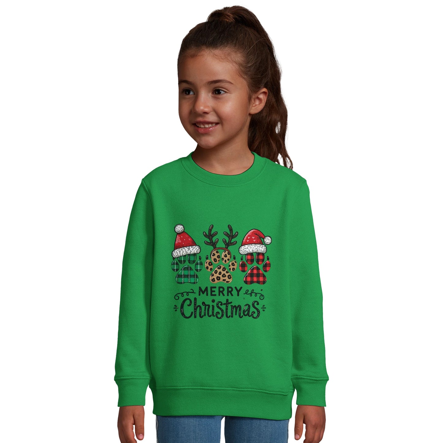 Unisex Kinder Sweatshirt mit weihnachtlichen Hundepfoten und Merry Christmas - hübscher Print für Weihnachten und Winter - 4 bis 14 Jahre – in vielen Farben und Größen -