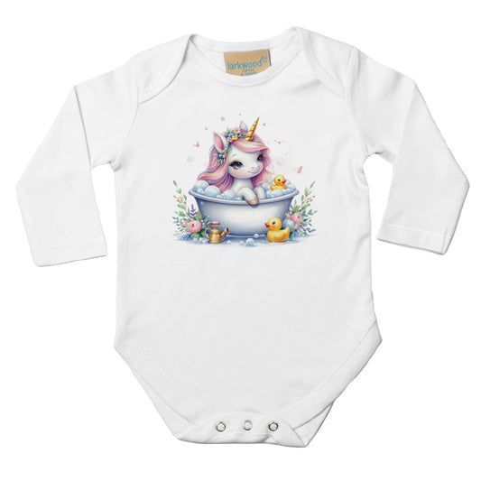 Unisex Baby Langarm Body mit Aufdruck - Einhorn Mädchen in der Badewanne - 100% Baumwolle - Größe bis 18 Monate bzw. 86 - Strampler Body mit Aufdruck -