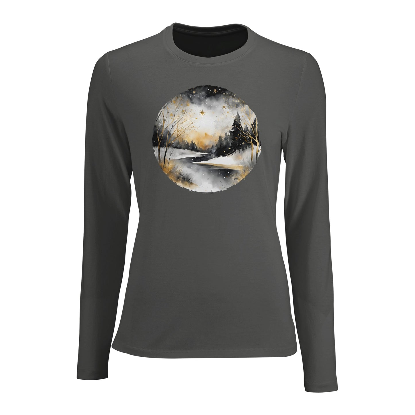 Tailliertes Damen Langarm-T-Shirt mit winterlichem Flusslauf und weihnachtliche Sterne - elegantes Motiv - grau weiß gold schwarz - charcoal melange