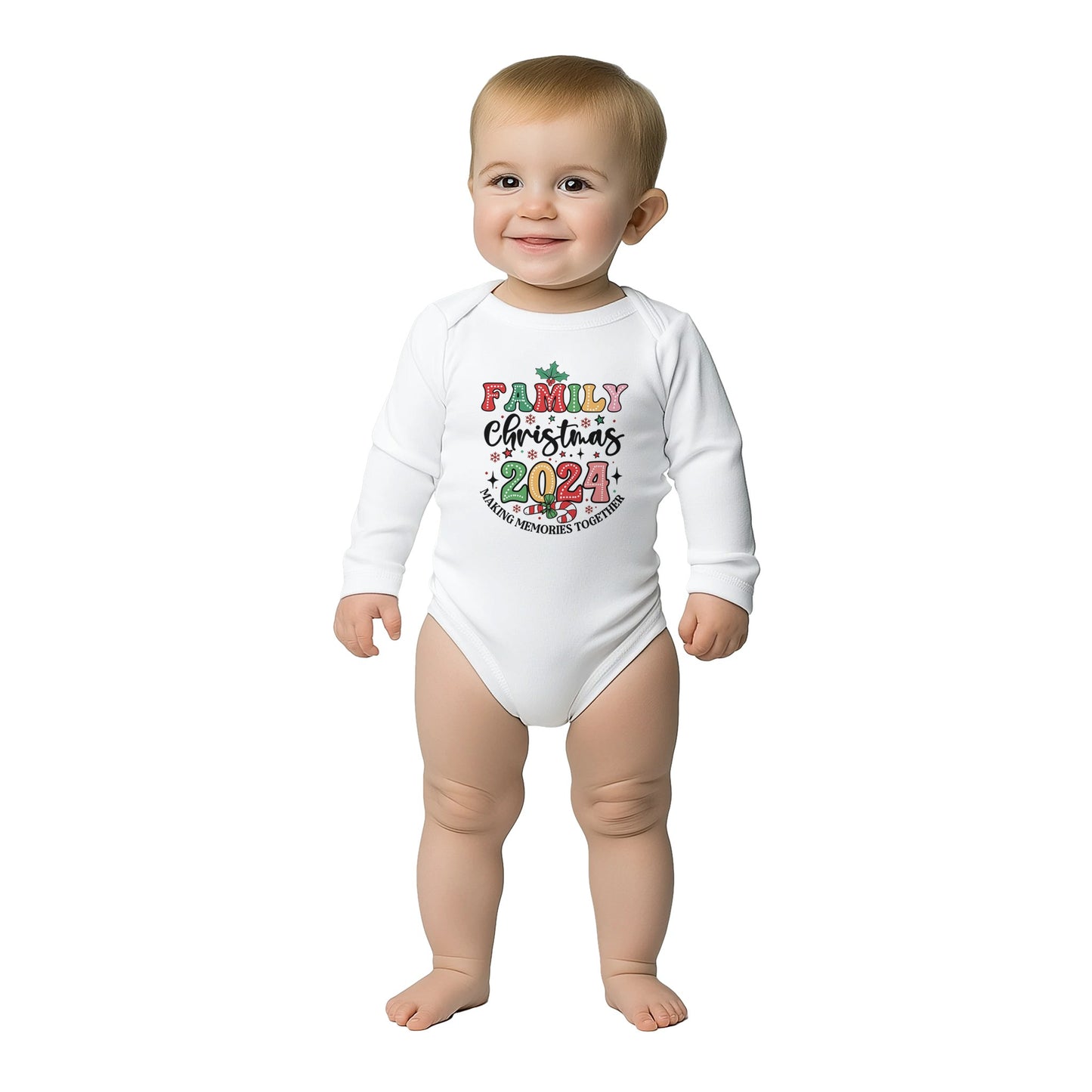 Baby Langarm Body für Weihnachten mit Aufdruck - Family Christmas 2024 - 100% Baumwolle - Größe bis 18 Monate bzw. 86 - Strampler Body mit Muster -