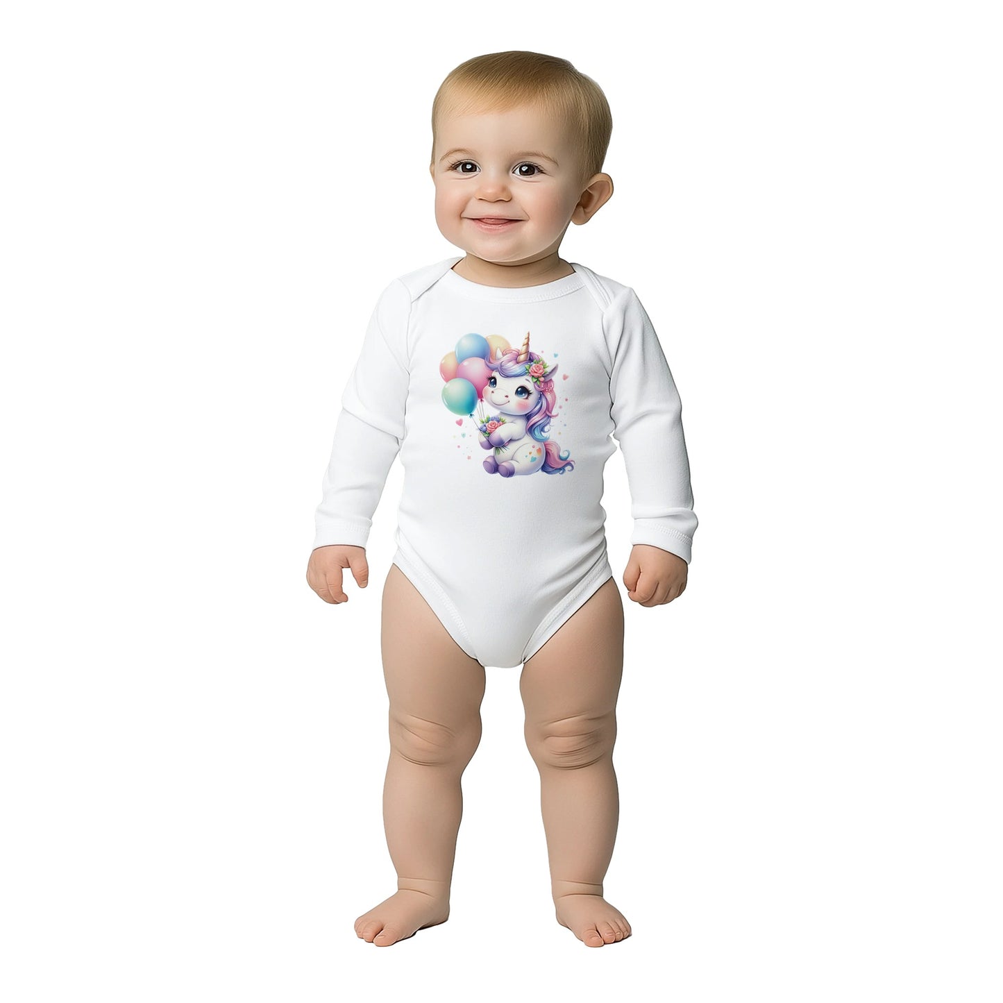 Unisex Baby Langarm Body mit Aufdruck - Mädchen Einhorn mit Luftballons und Herzen - 100% Baumwolle - Größe bis 18 Monate bzw. 86 - Strampler Body mit Aufdruck -