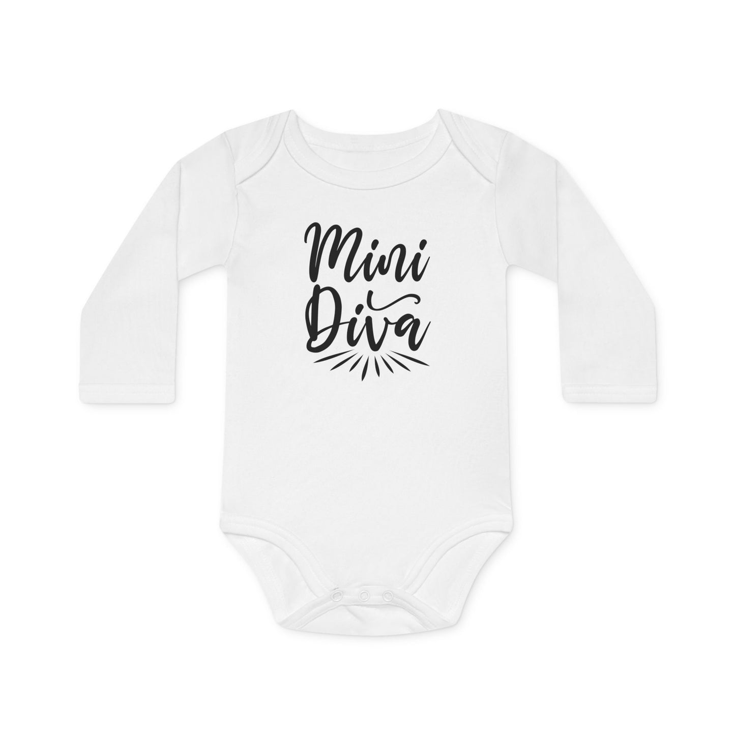 Langarm Baby und Kinder Bio Body mit Spruch "Mini Diva" - Unisex Bodysuit mit Aufdruck für Neugeborene und Kleinkinder - 100% Bio Baumwolle, 200 g/m², bis 18 Monate bzw. 86cm - mehrere Farben und Größen - White