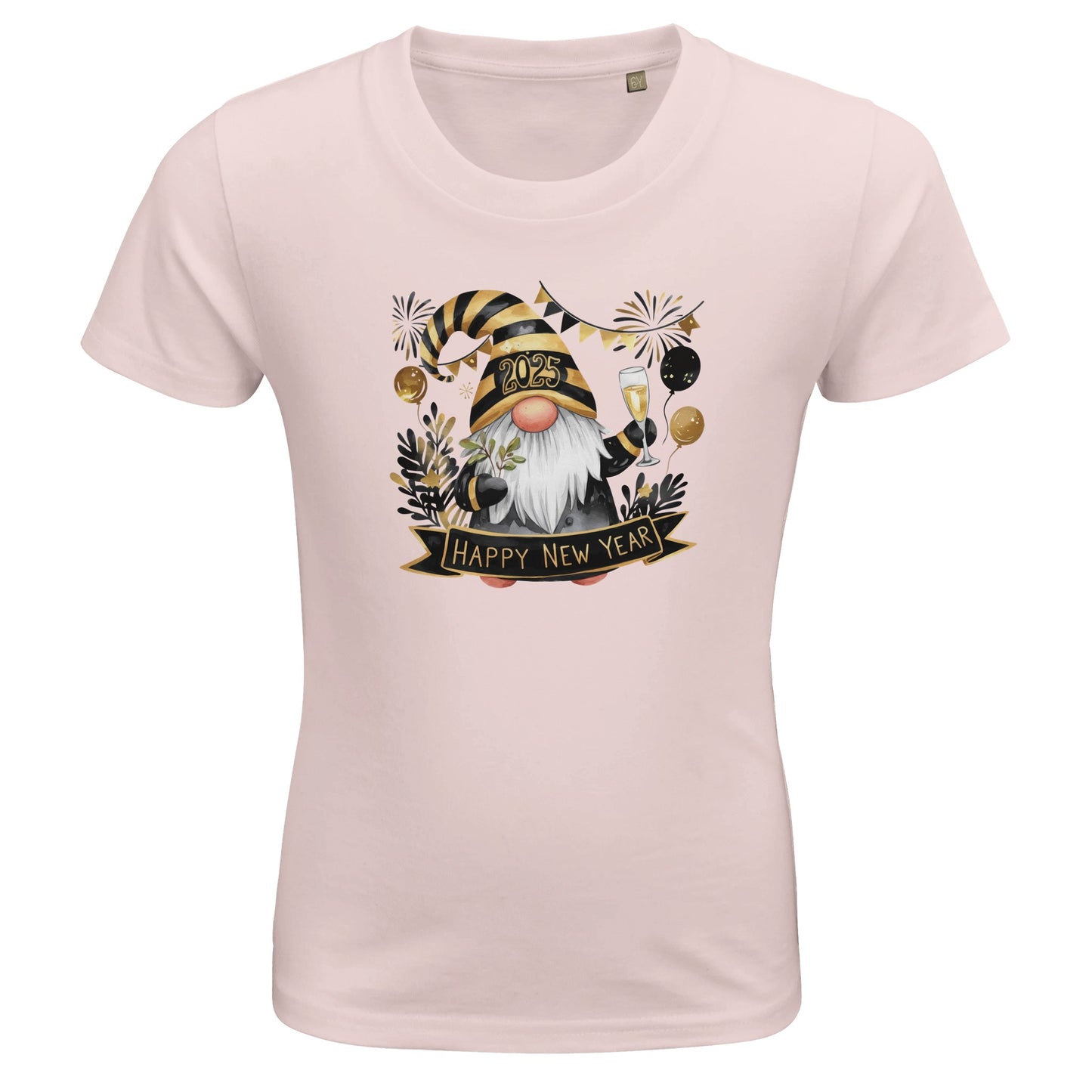 Kinder BIO Kurzarm Rundhals-T-Shirt mit Print für den Jahreswechsel bzw. Silvester - Wichtel mit Happy New Year - körperbetonter Schnitt - Größe 86 bis 152 und mehrere Farben - Pale Pink