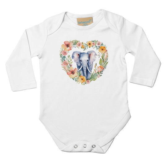 Unisex Baby Langarm Body mit Aufdruck - Elefanten Baby im Blumenherz - 100% Baumwolle - Größe bis 18 Monate bzw. 86 - Strampler Body mit Aufdruck -