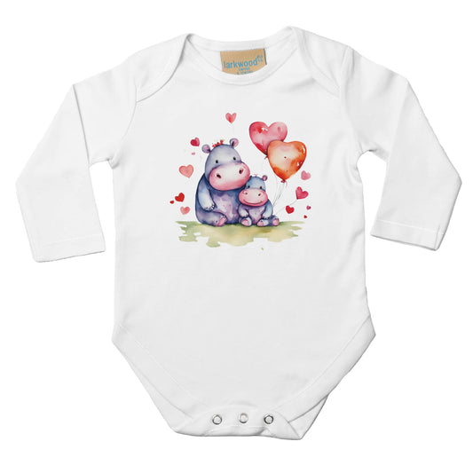 Unisex Baby Langarm Body mit Aufdruck - 2 Flusspferde mit Herz Luftballons - 100% Baumwolle - Größe bis 18 Monate bzw. 86 - Strampler Body mit Aufdruck -